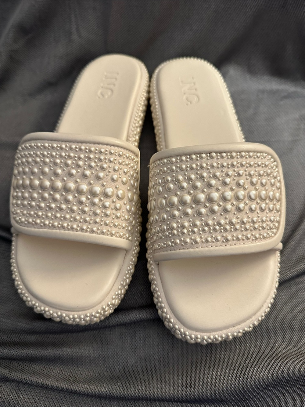 INC International Concepts Cream Pearl-Embellished Slide Sandals